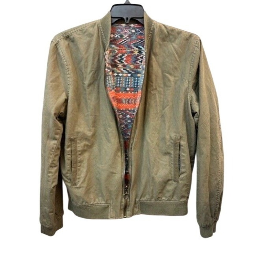 Zara Man XL Reversible Bomber Jacket Olive Green & Multicolor Aztec Pattern Poly